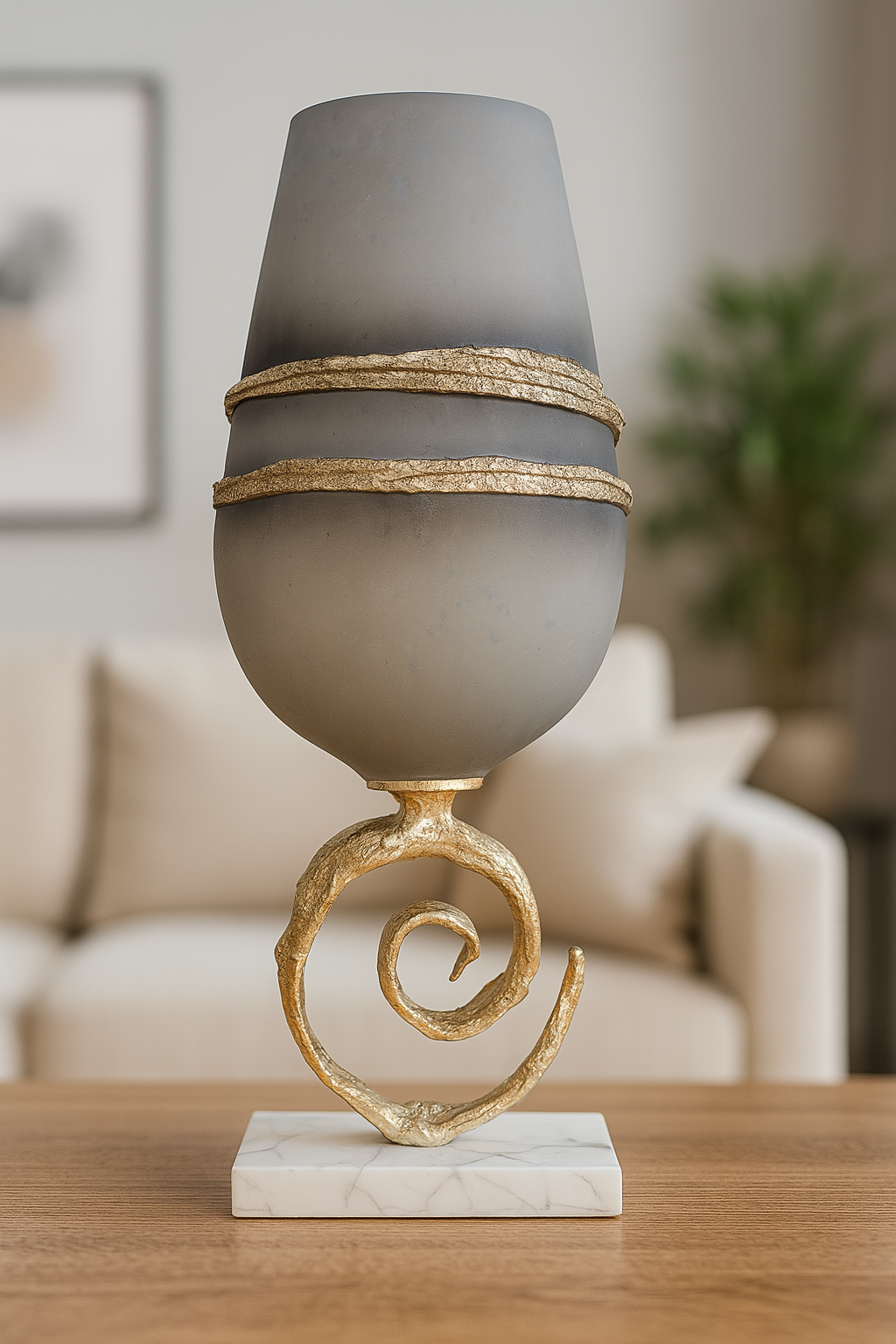 Sculptural Metal Vase with Spiral Base & Marble Stand – Luxe Accent Decor