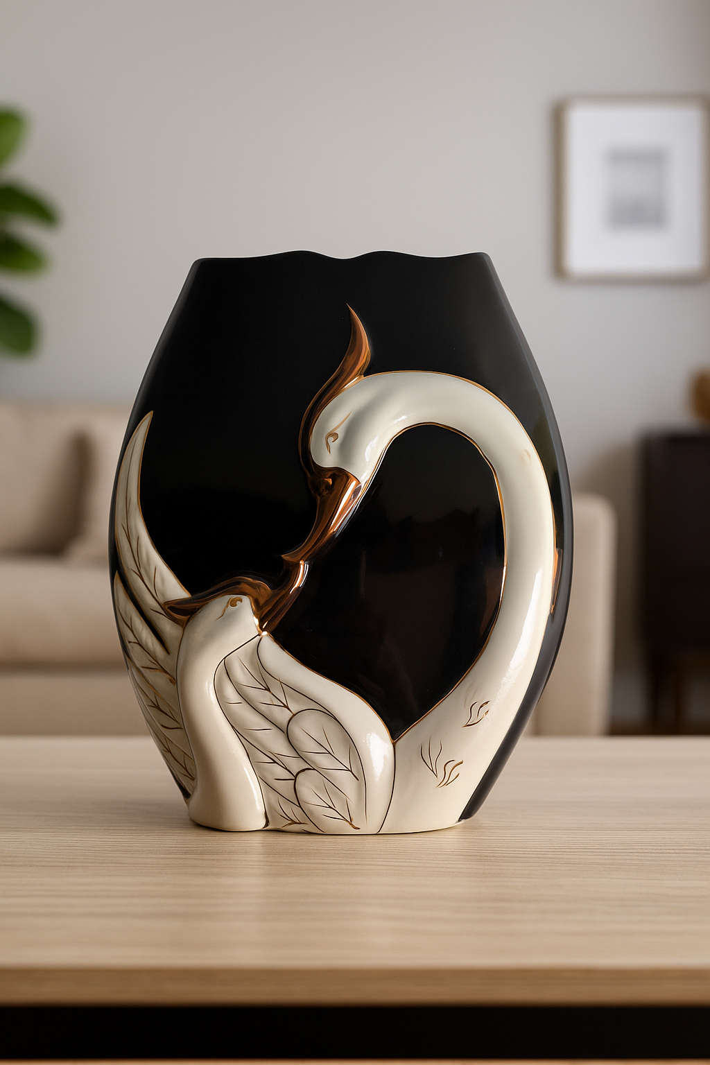 Elegant Ceramic Swan Vase – Black & White with Golden Detailing