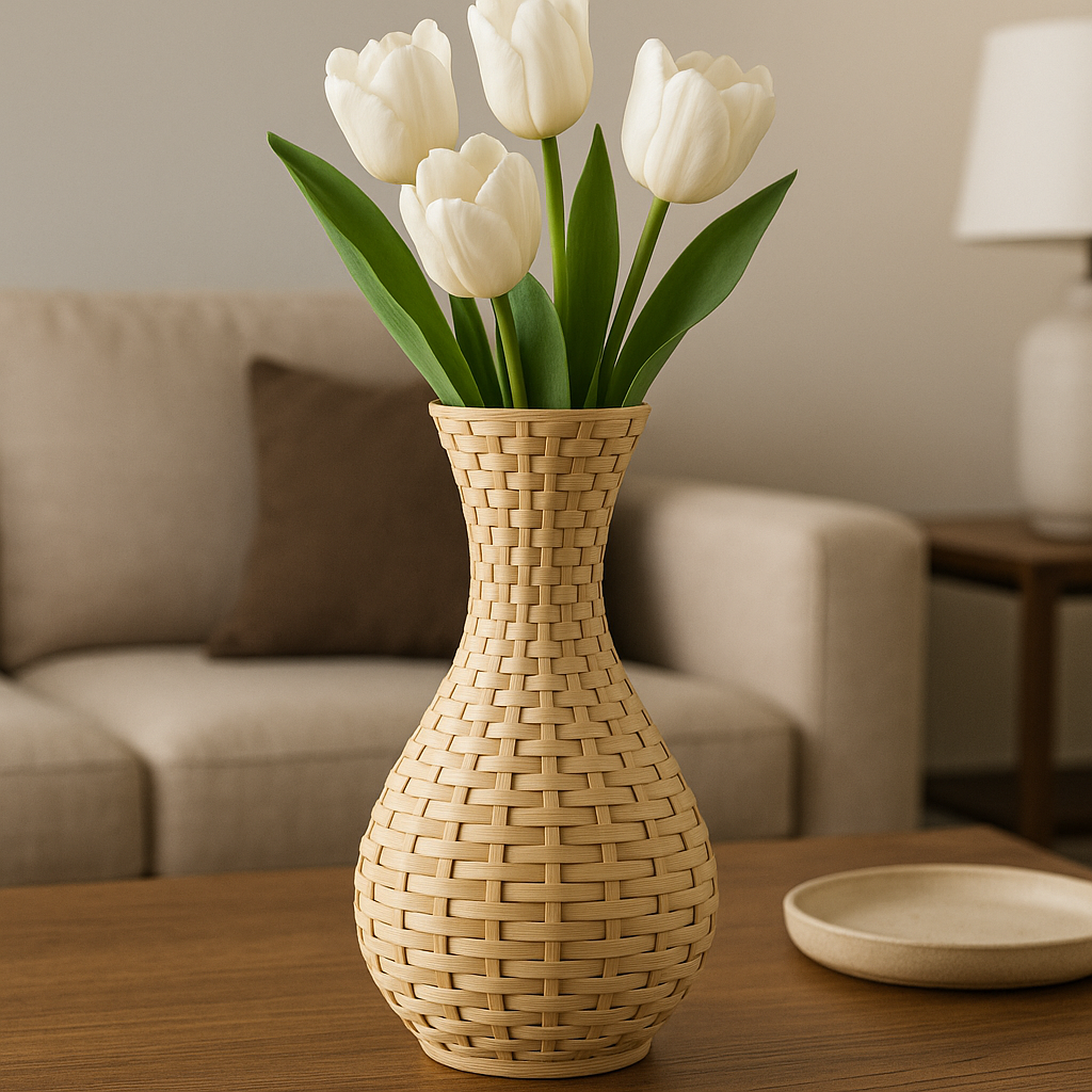 Textured Woven-Style Floor Vase – Beige Ceramic Finish