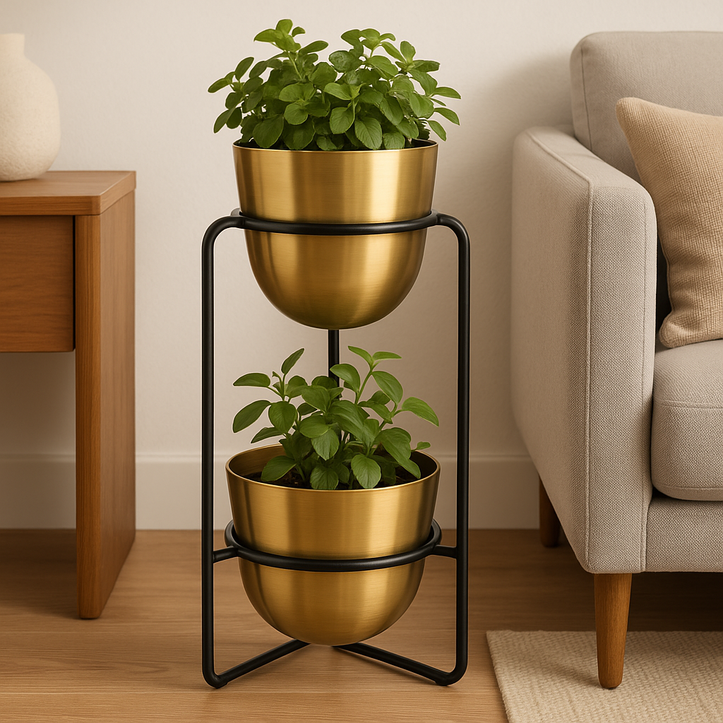 Modern Gold Double Planter with Black Metal Stand – Tall Indoor Plant Holder