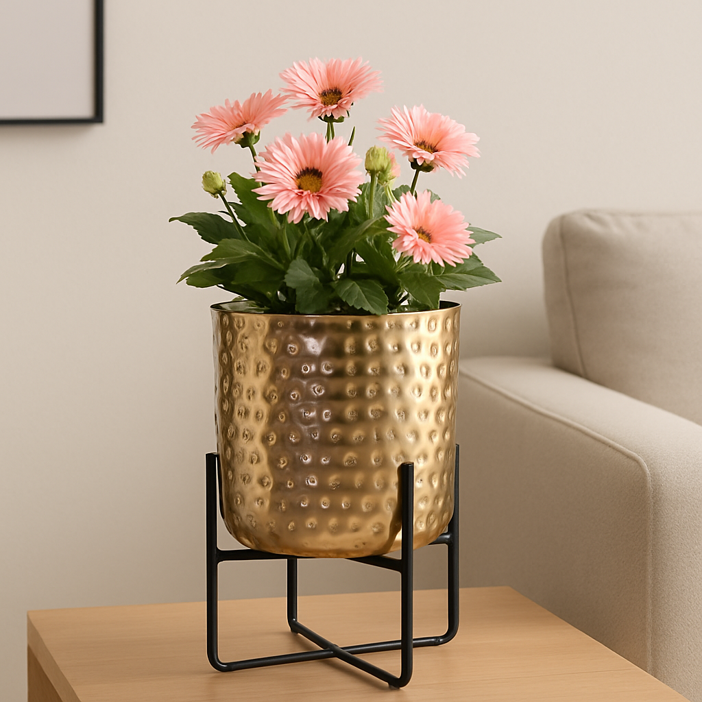 Textured Metal Planter with Stand – Antique Gold Finish