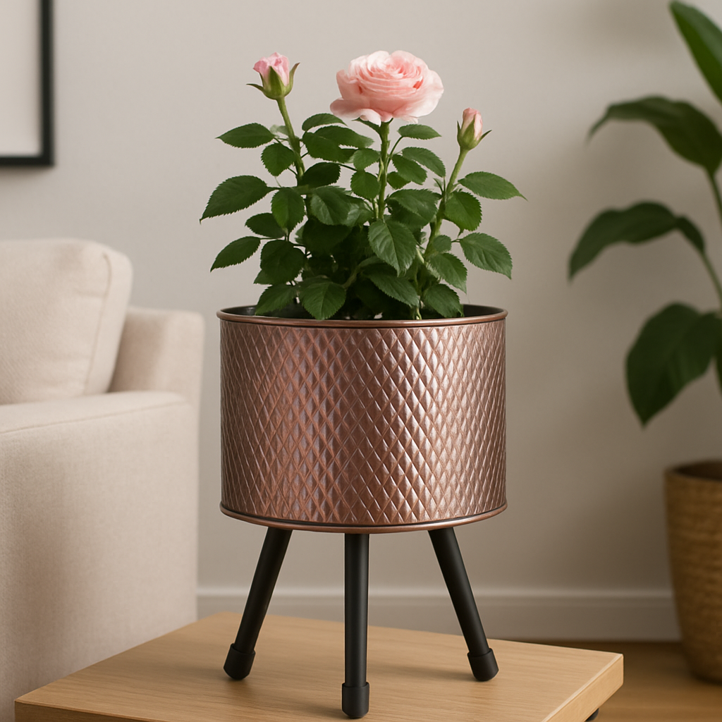 Textured Metallic Planter with Tripod Legs – Rose Gold Finish