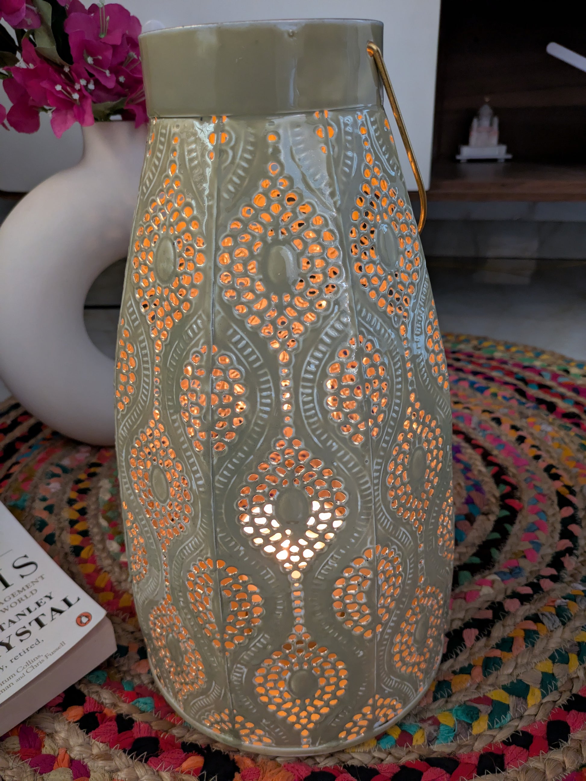 Moroccan-Inspired Metal Lantern with Handle – Grey Finish