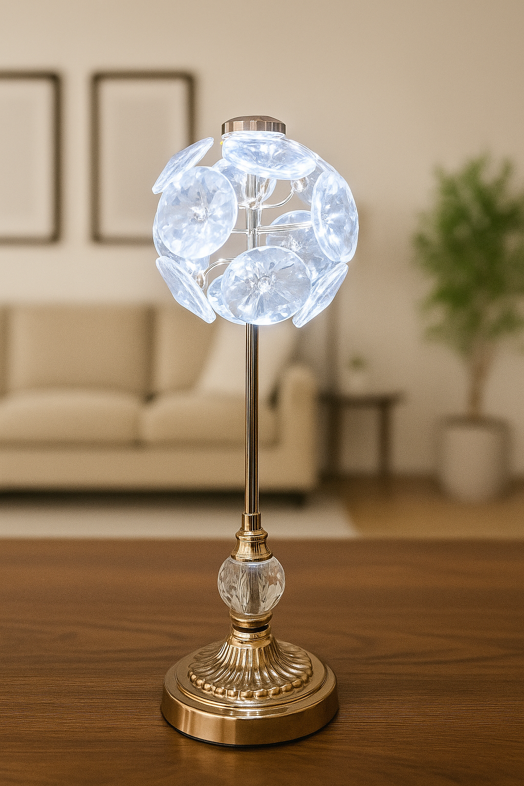 Crystal Blossom Touch Lamp – Gold Base with Reflective Petal Design