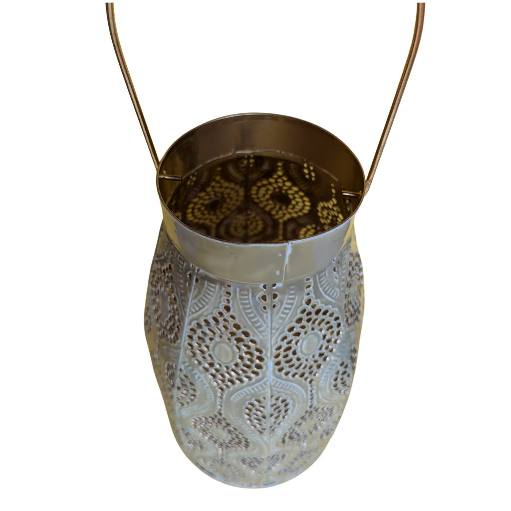 Moroccan-Inspired Metal Lantern with Handle – Grey Finish