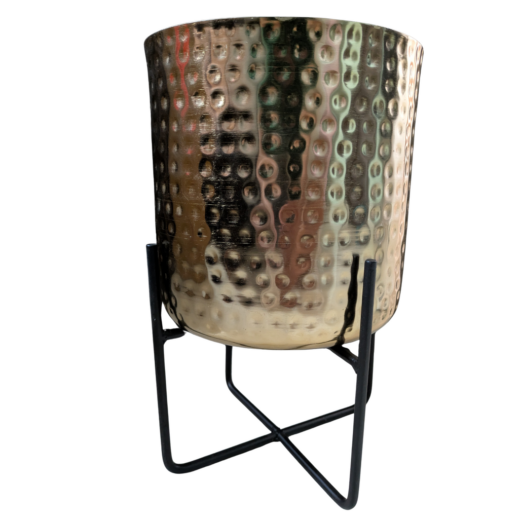 Textured Metal Planter with Stand – Antique Gold Finish