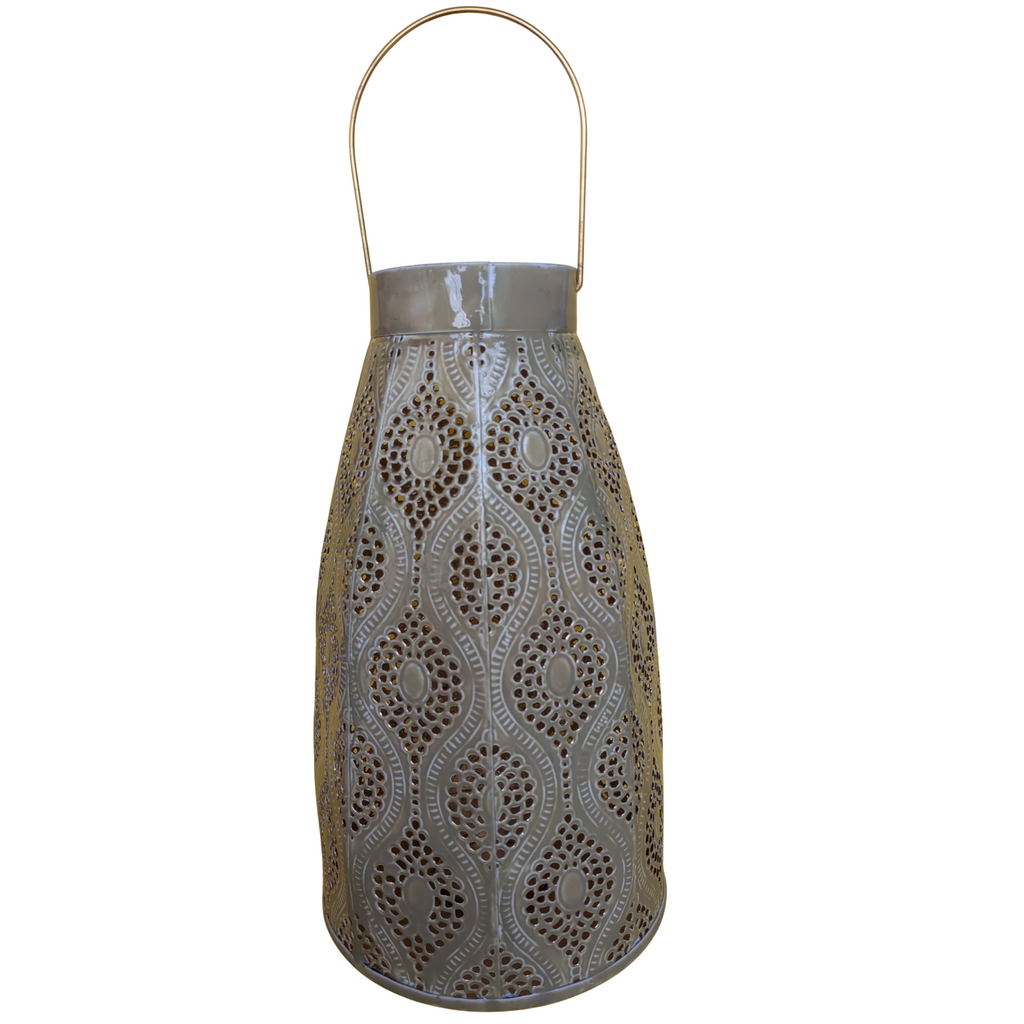 Moroccan-Inspired Metal Lantern with Handle – Grey Finish