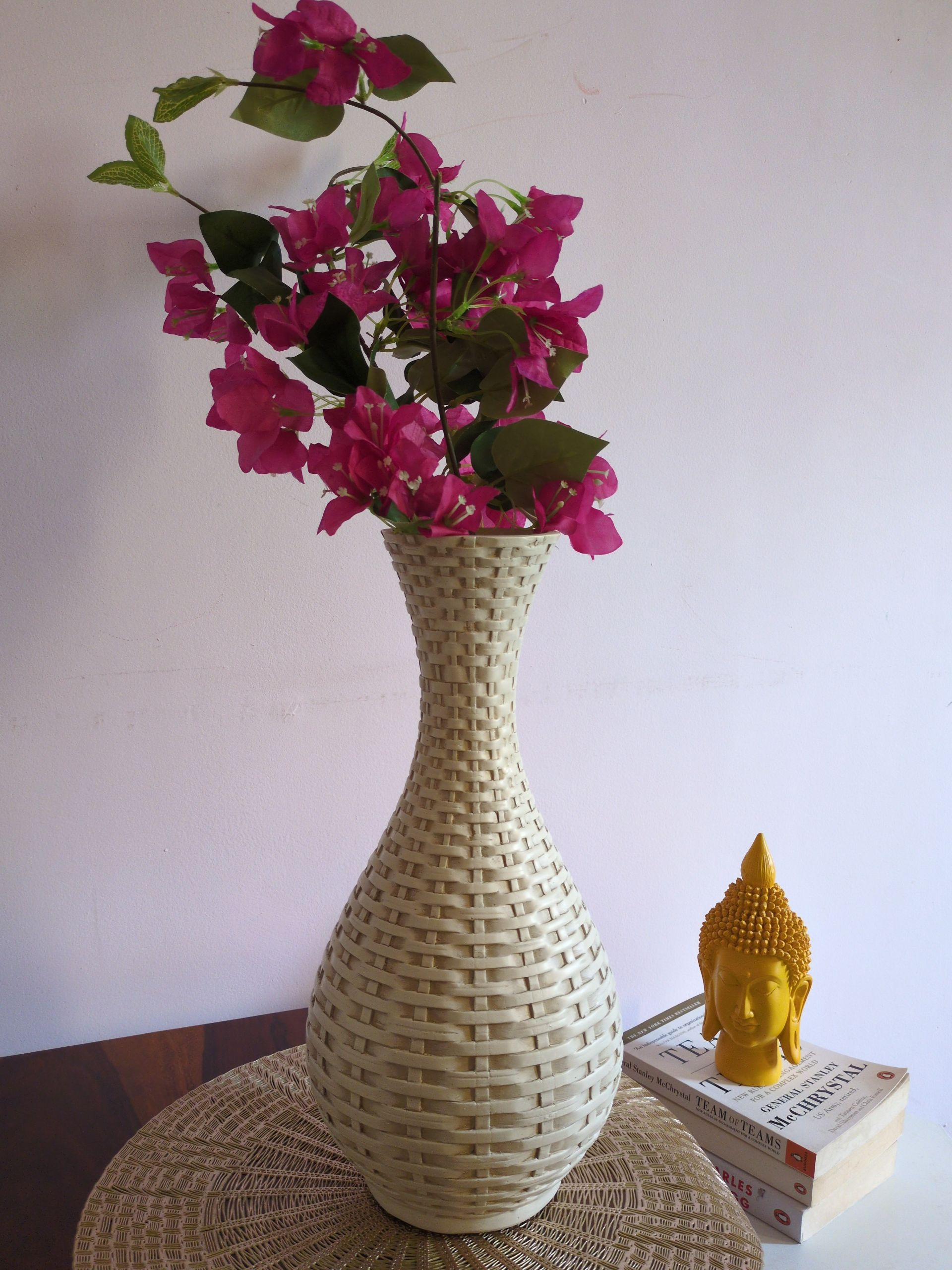 Textured Woven-Style Floor Vase – Beige Ceramic Finish