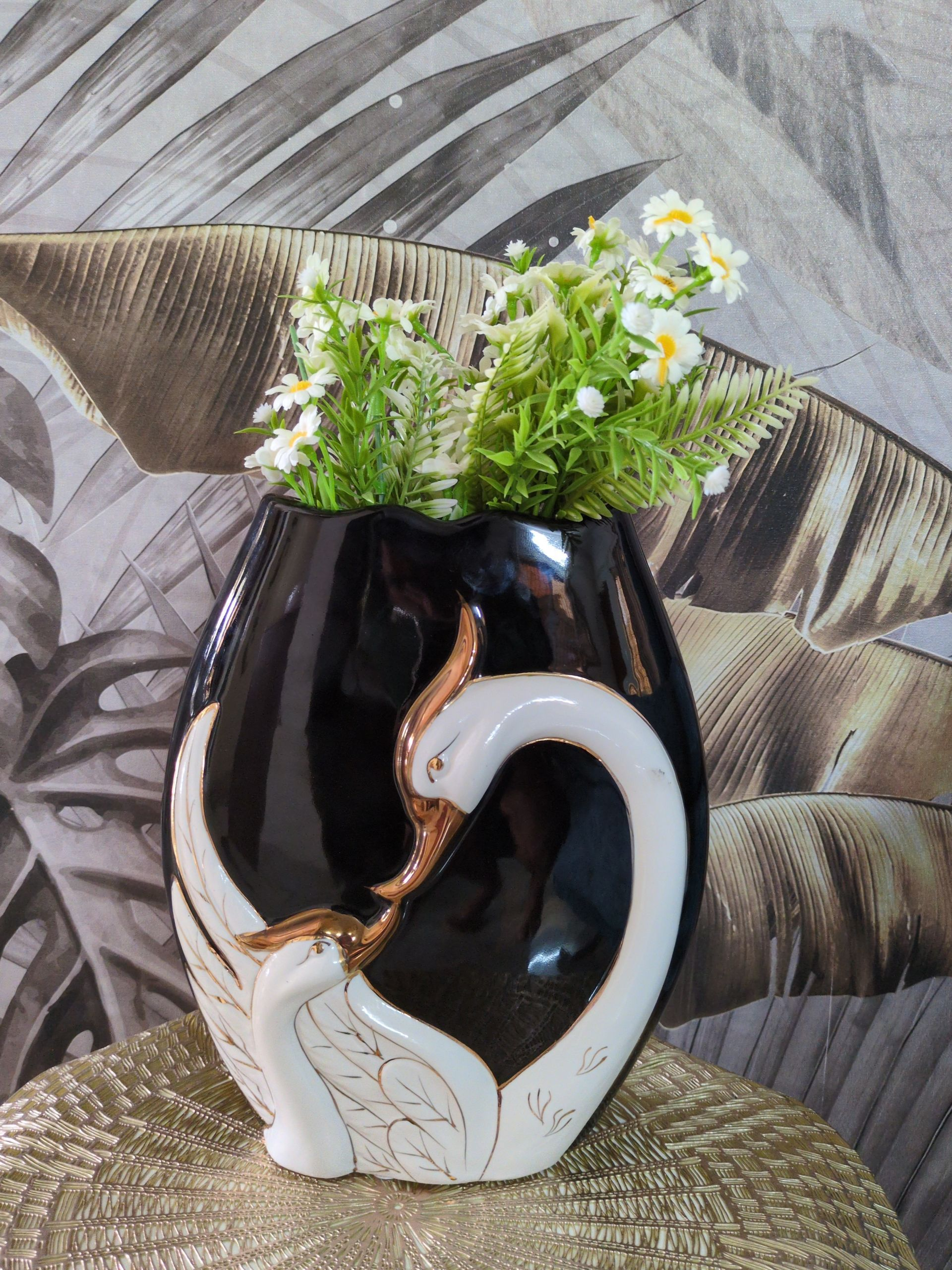 Elegant Ceramic Swan Vase – Black & White with Golden Detailing