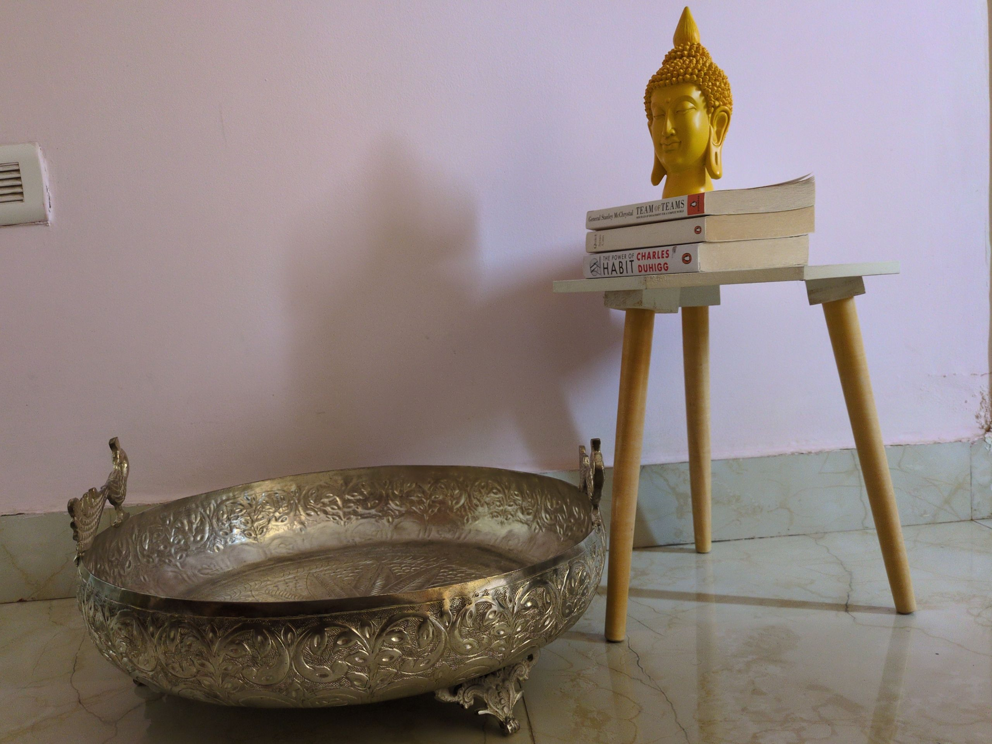 Vintage Brass Urli Bowl with Peacock Handles – Hand-Etched Decorative Accent