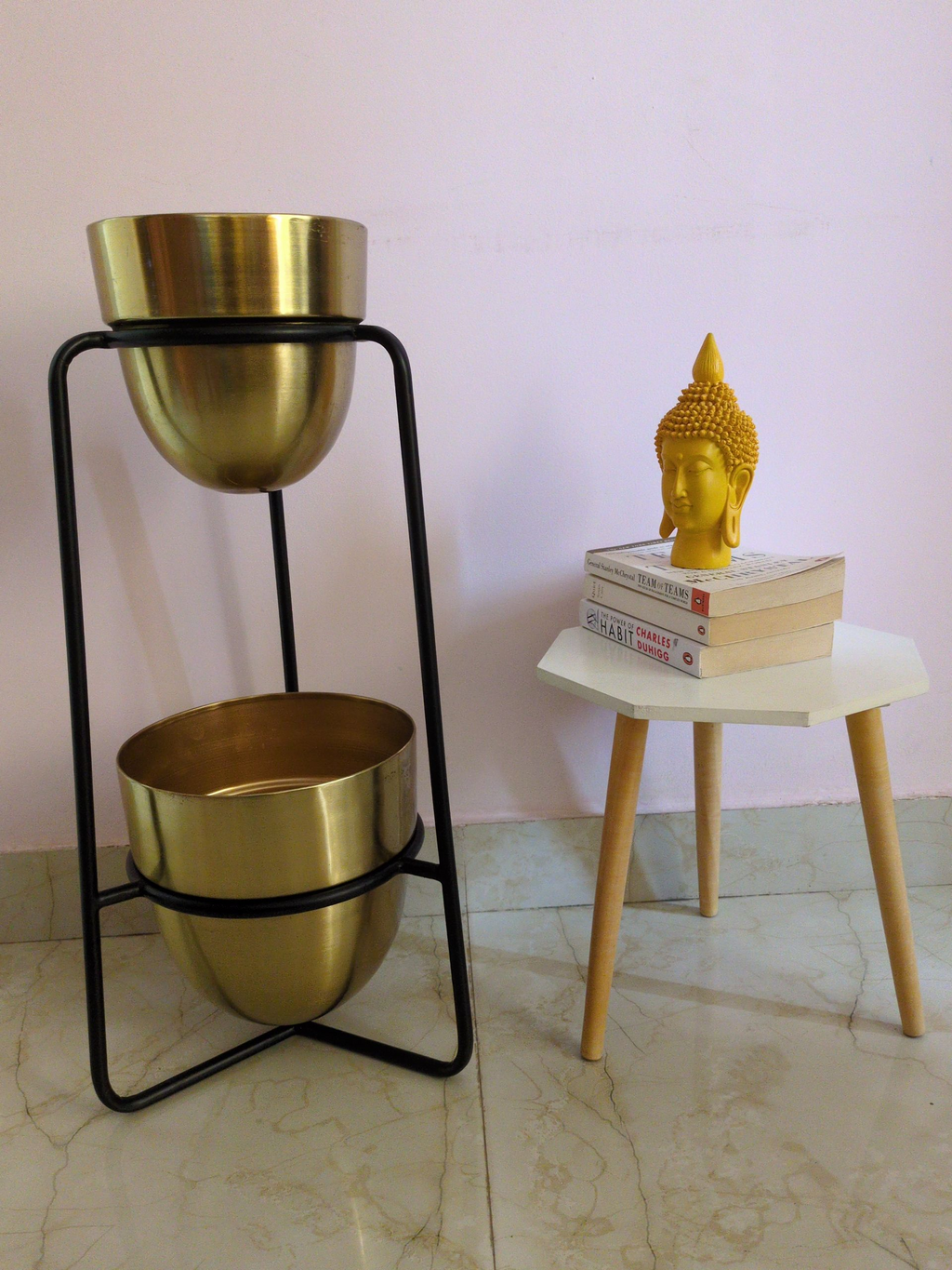 Modern Gold Double Planter with Black Metal Stand – Tall Indoor Plant Holder