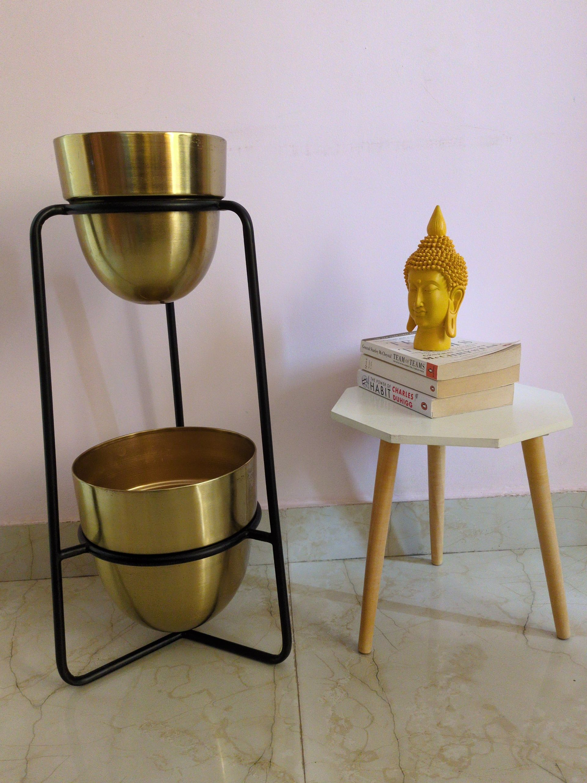 Modern Gold Double Planter with Black Metal Stand – Tall Indoor Plant Holder