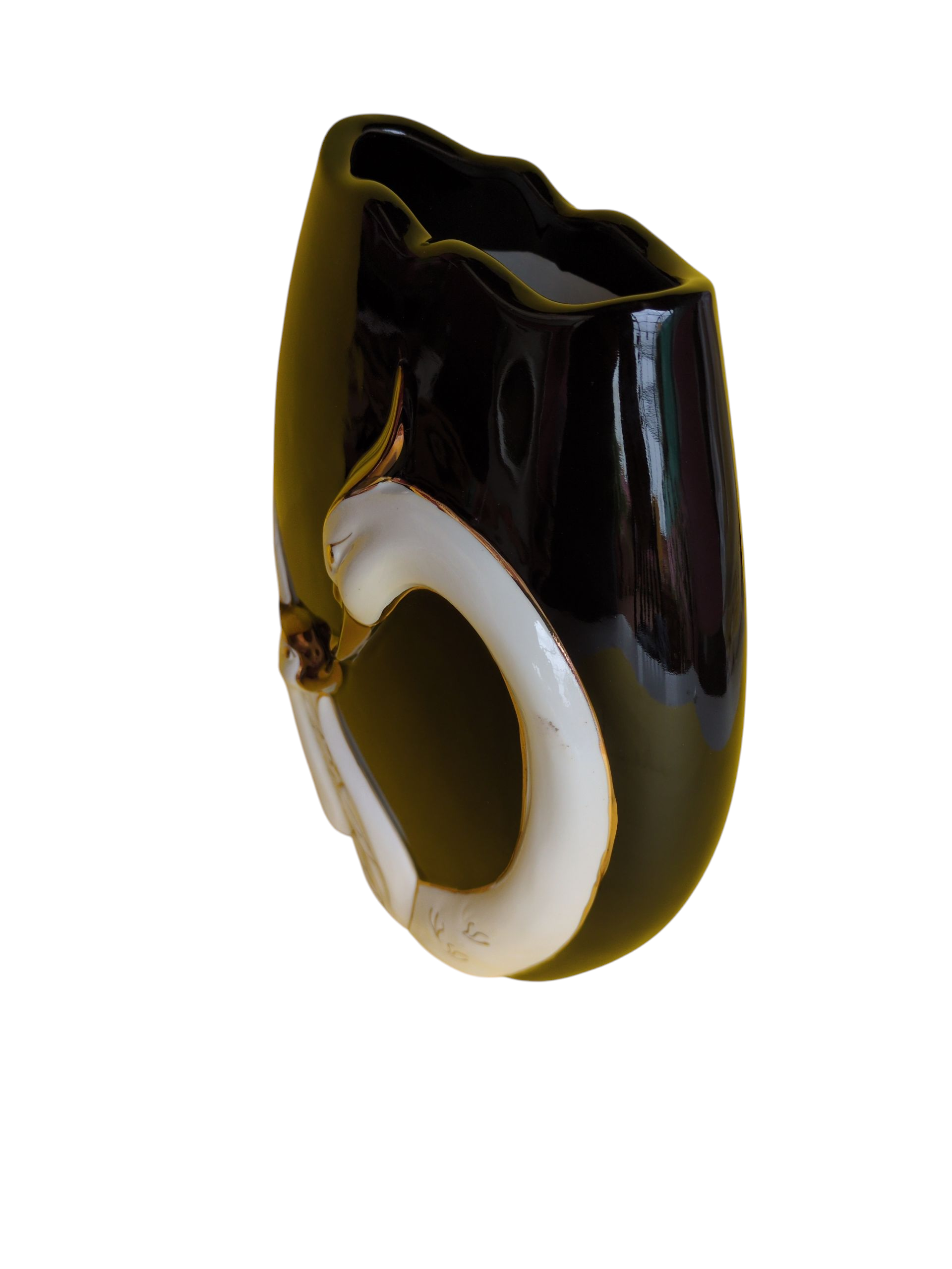 Elegant Ceramic Swan Vase – Black & White with Golden Detailing