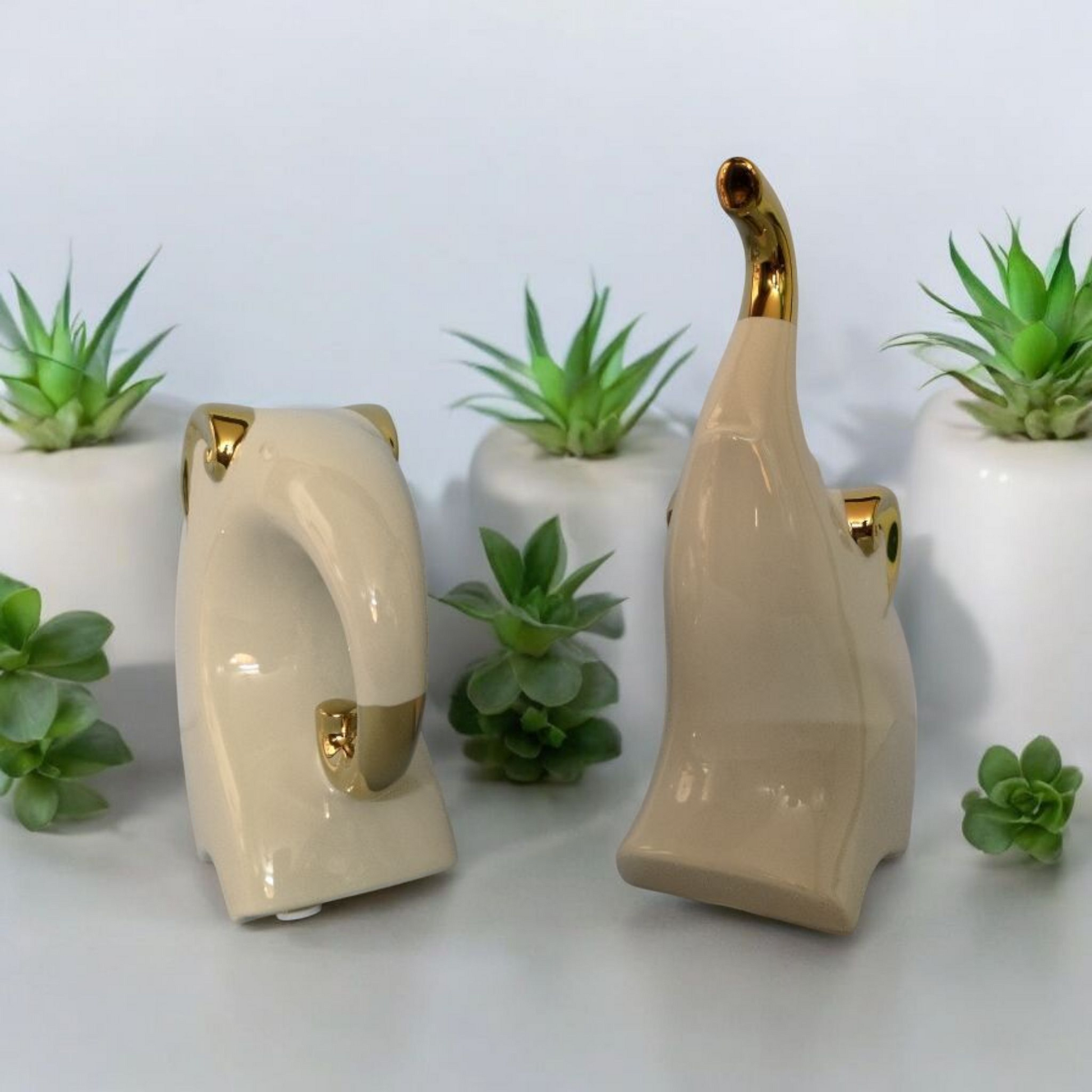 Modern Ceramic Elephant Duo – Ivory & Gold Decorative Set