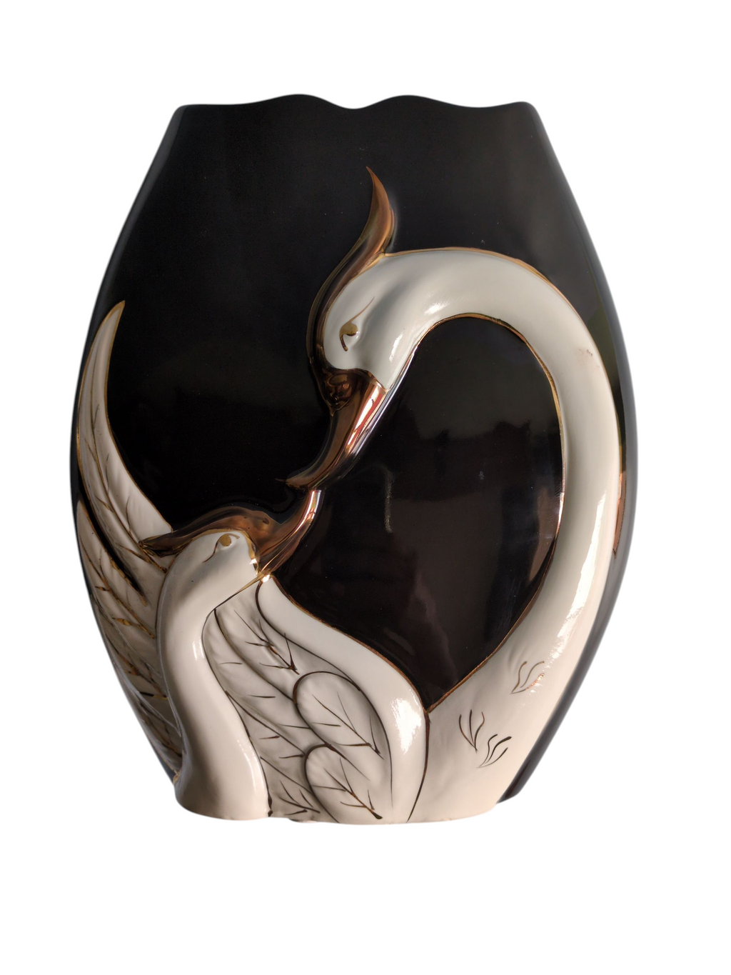Elegant Ceramic Swan Vase – Black & White with Golden Detailing