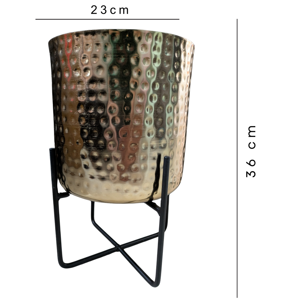 Textured Metal Planter with Stand – Antique Gold Finish