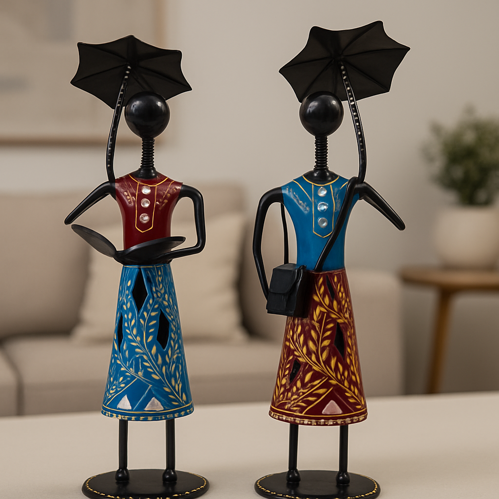 Handcrafted Metal Figurines – Umbrella Ladies (Set of 2)