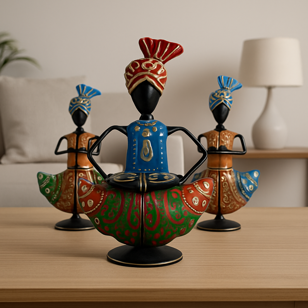 Rajasthani Musician Trio – Handpainted Iron Table Decor Set