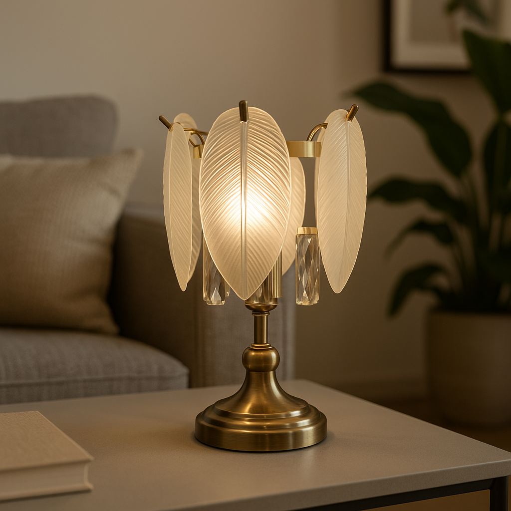 Featherlight Aura – Frosted Leaf Crystal Table Lamp