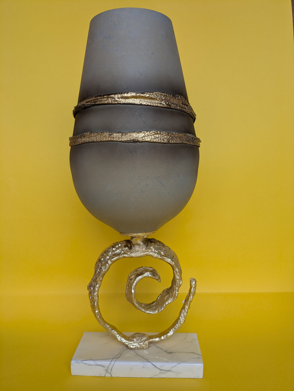 Sculptural Metal Vase with Spiral Base & Marble Stand – Luxe Accent Decor
