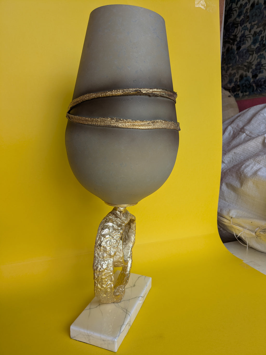 Sculptural Metal Vase with Spiral Base & Marble Stand – Luxe Accent Decor
