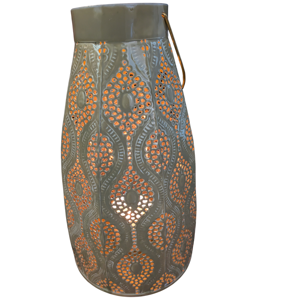 Moroccan-Inspired Metal Lantern with Handle – Grey Finish
