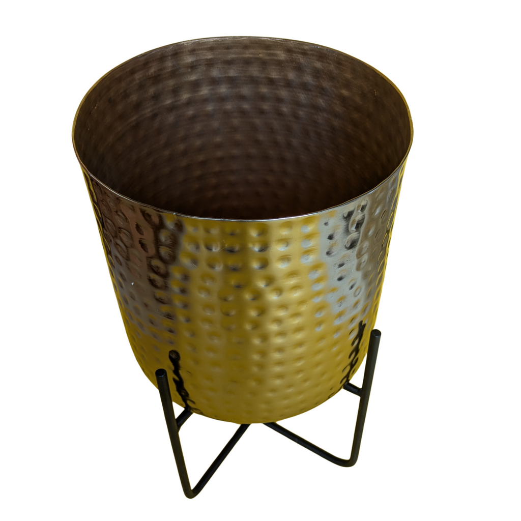Textured Metal Planter with Stand – Antique Gold Finish
