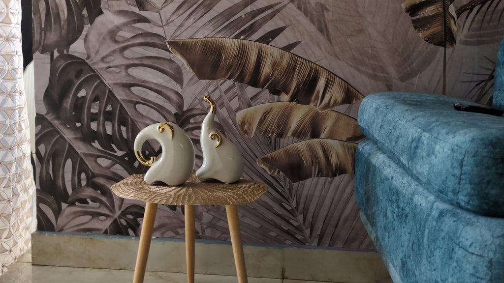 Modern Ceramic Elephant Duo – Ivory & Gold Decorative Set